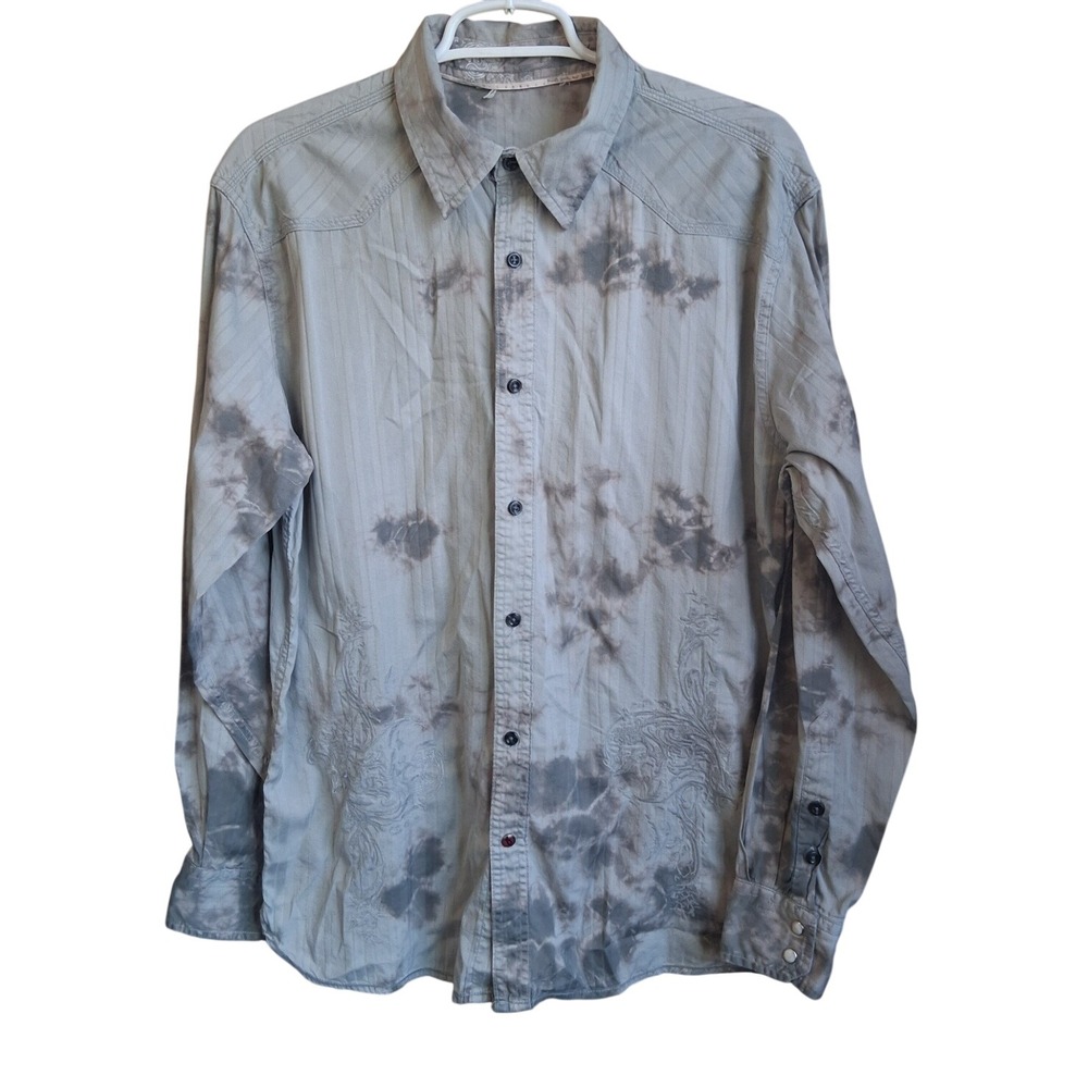 Decree Taupe Tie Dye W/ Embroidered Accent LS Button Down Western‎ Shirt EUC